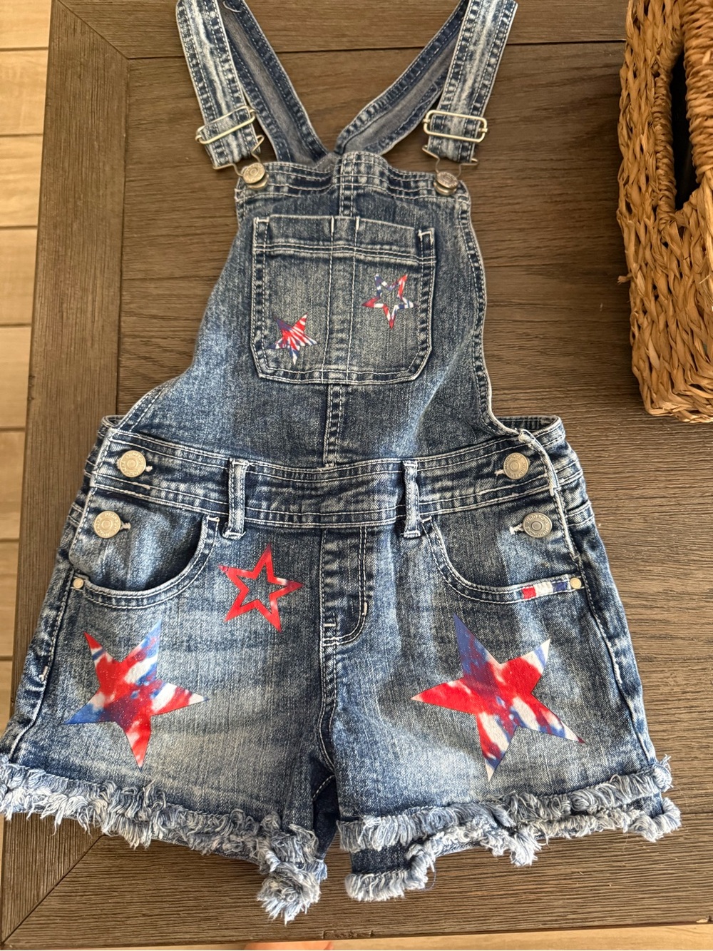 Jordache Denim Short Overalls with Red, White & Blue Star Patches